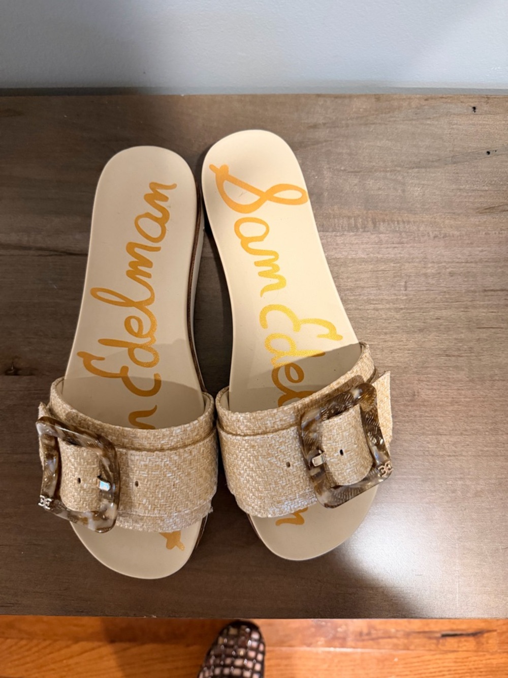 Sam Edelman Cream Raffia Slide Sandals with Tortoiseshell Buckle